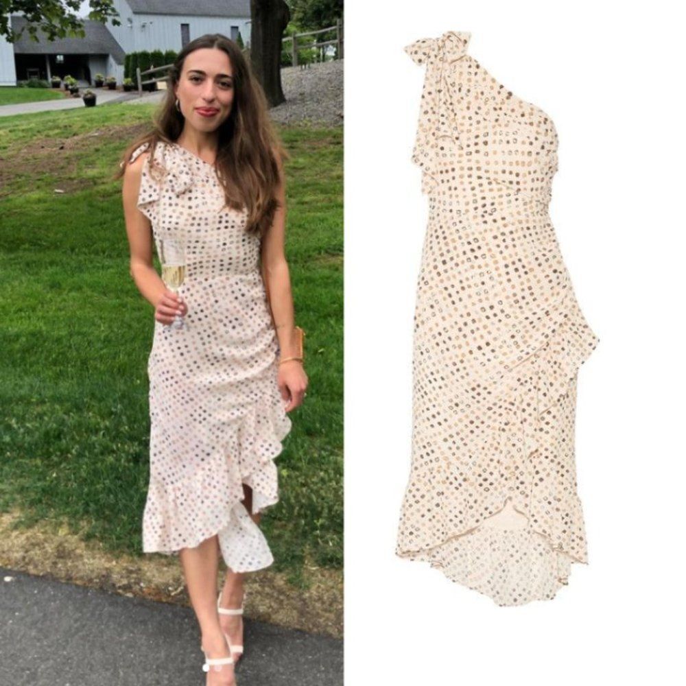 Ulla Johnson Imogen Cream Silk Polka Dot One Shoulder Ruffled Midi Dress Size 6